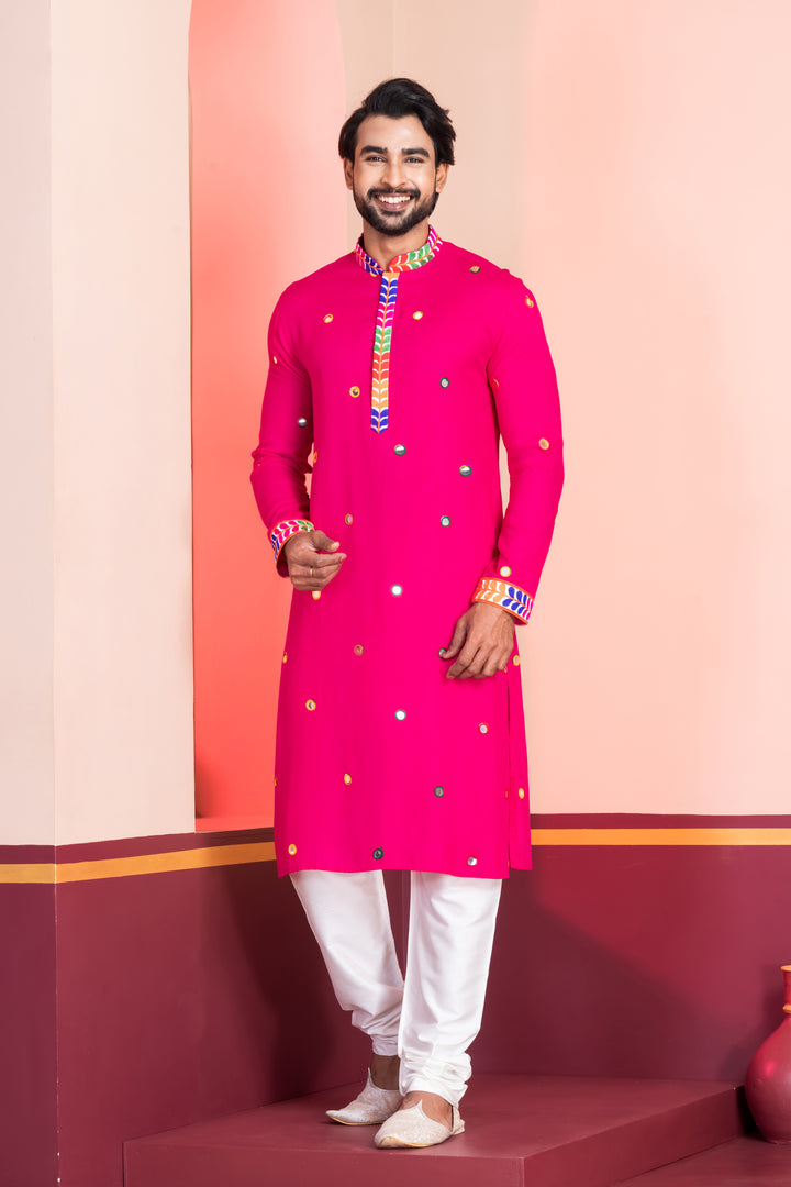 Neon Pink Rayon Kurta Pajama with Circular Mirror Embellishments