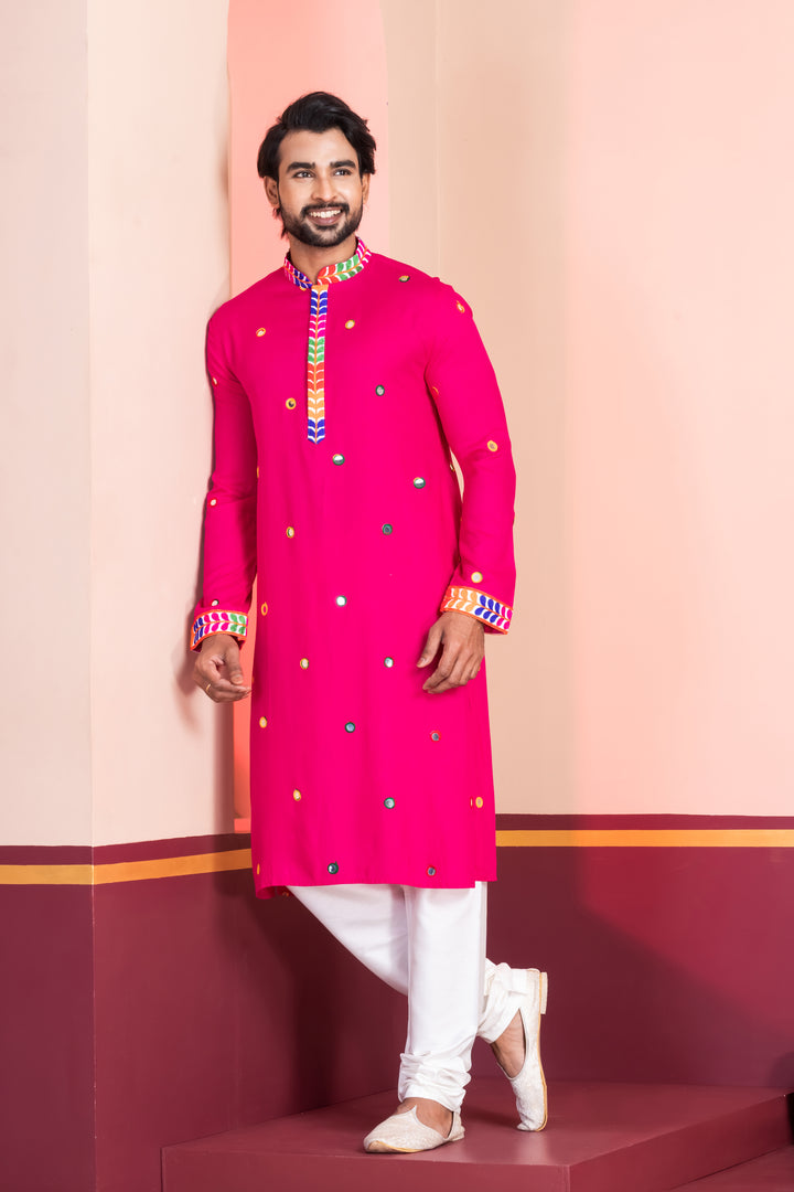 Neon Pink Rayon Kurta Pajama with Circular Mirror Embellishments