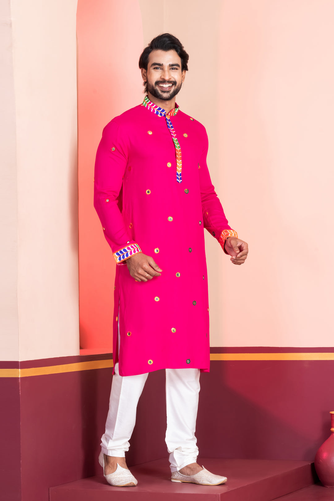 Neon Pink Rayon Kurta Pajama with Circular Mirror Embellishments