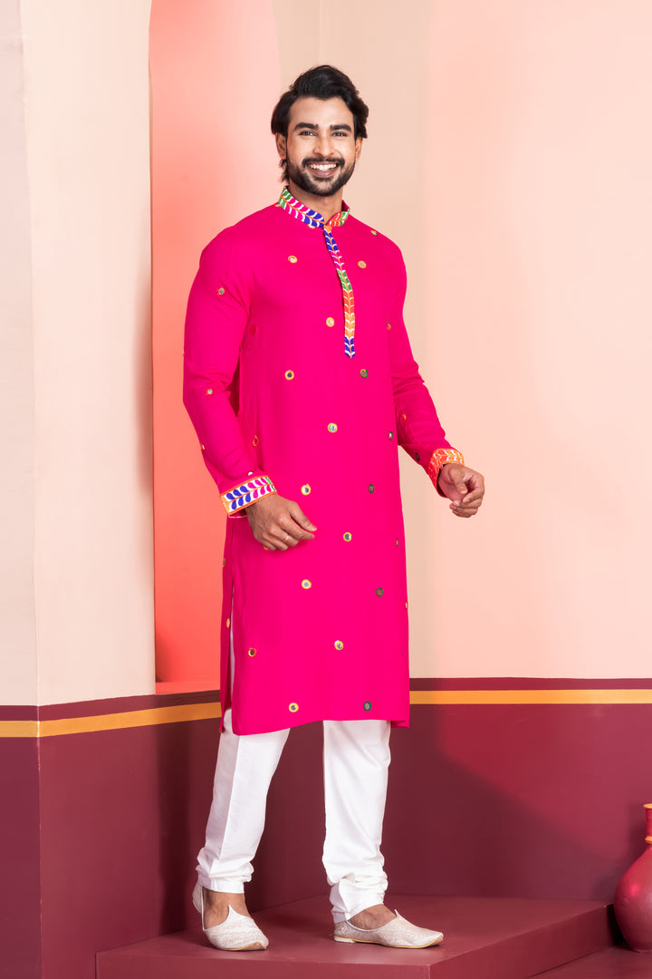 Neon Pink Rayon Kurta Pajama with Circular Mirror Embellishments