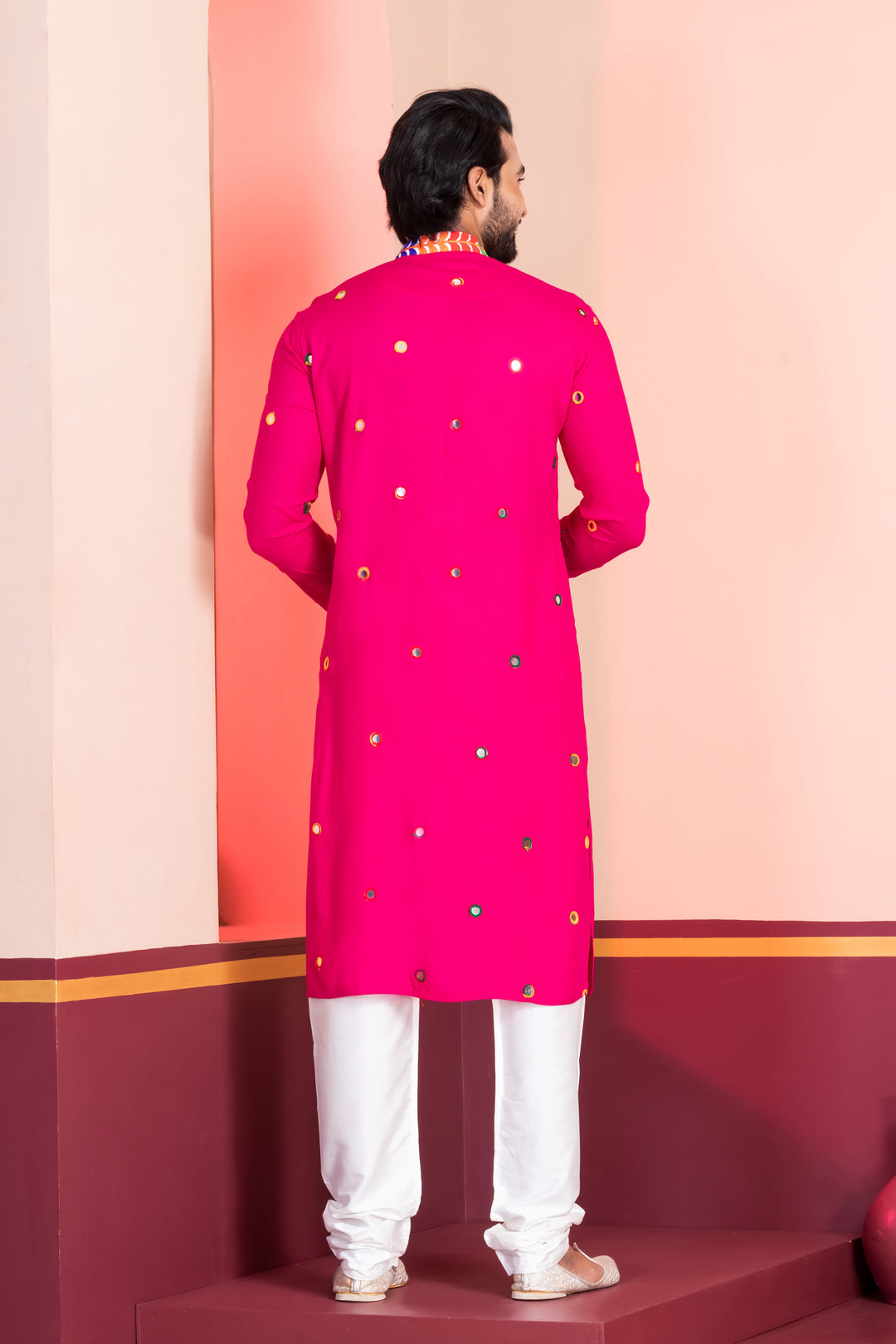 Neon Pink Rayon Kurta Pajama with Circular Mirror Embellishments