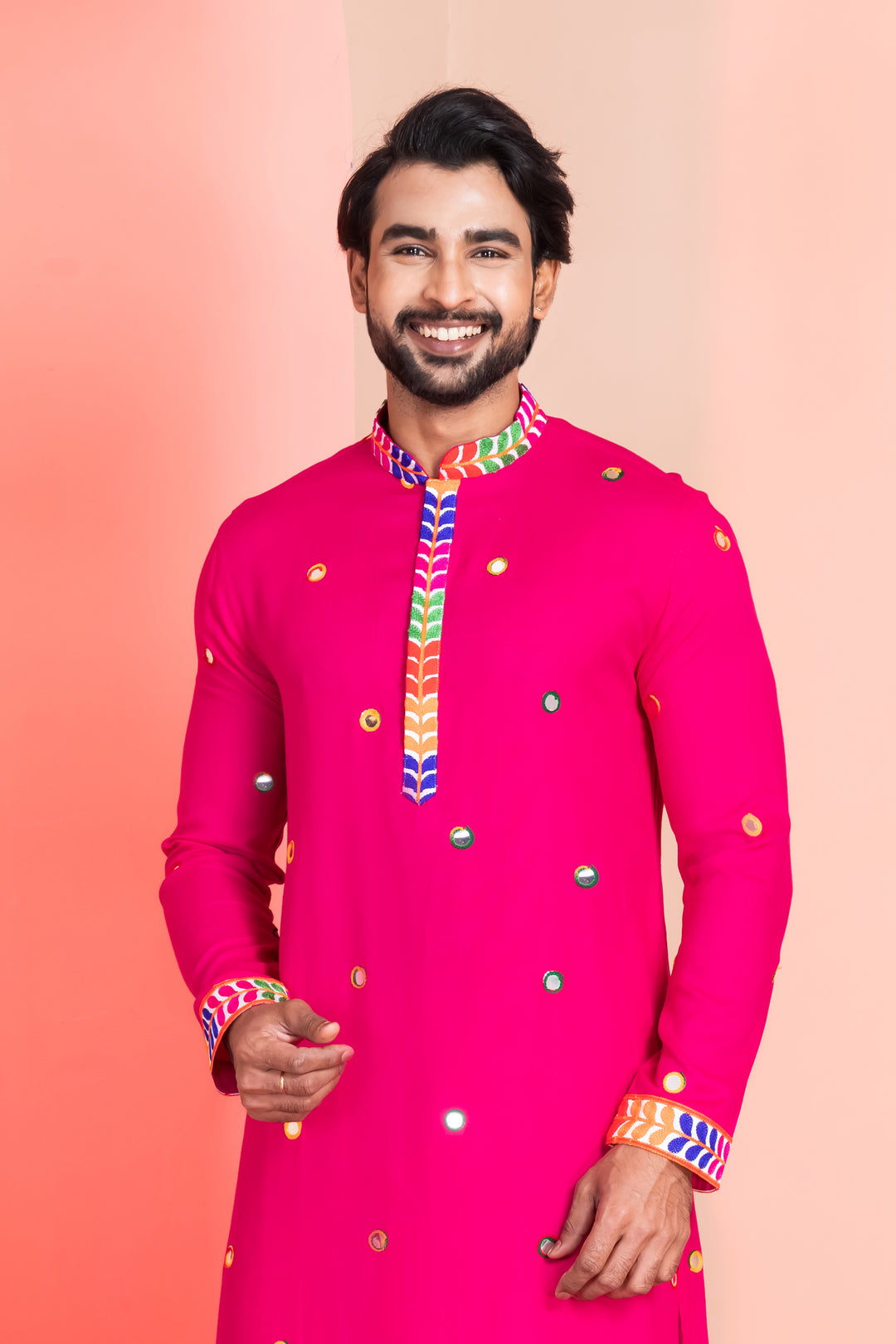 Neon Pink Rayon Kurta Pajama with Circular Mirror Embellishments