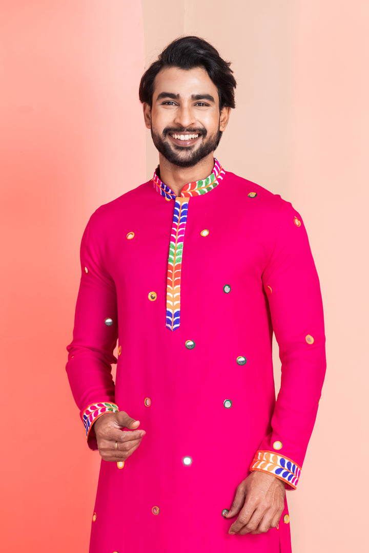 Neon Pink Rayon Kurta Pajama with Circular Mirror Embellishments
