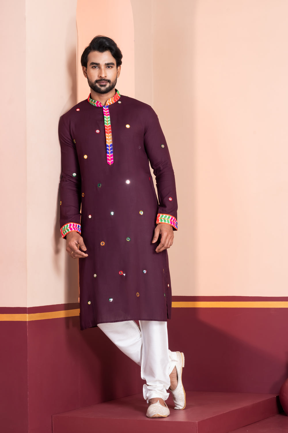 Eggplant Purple Rayon Kurta Pajama with Circular Mirror Embellishments