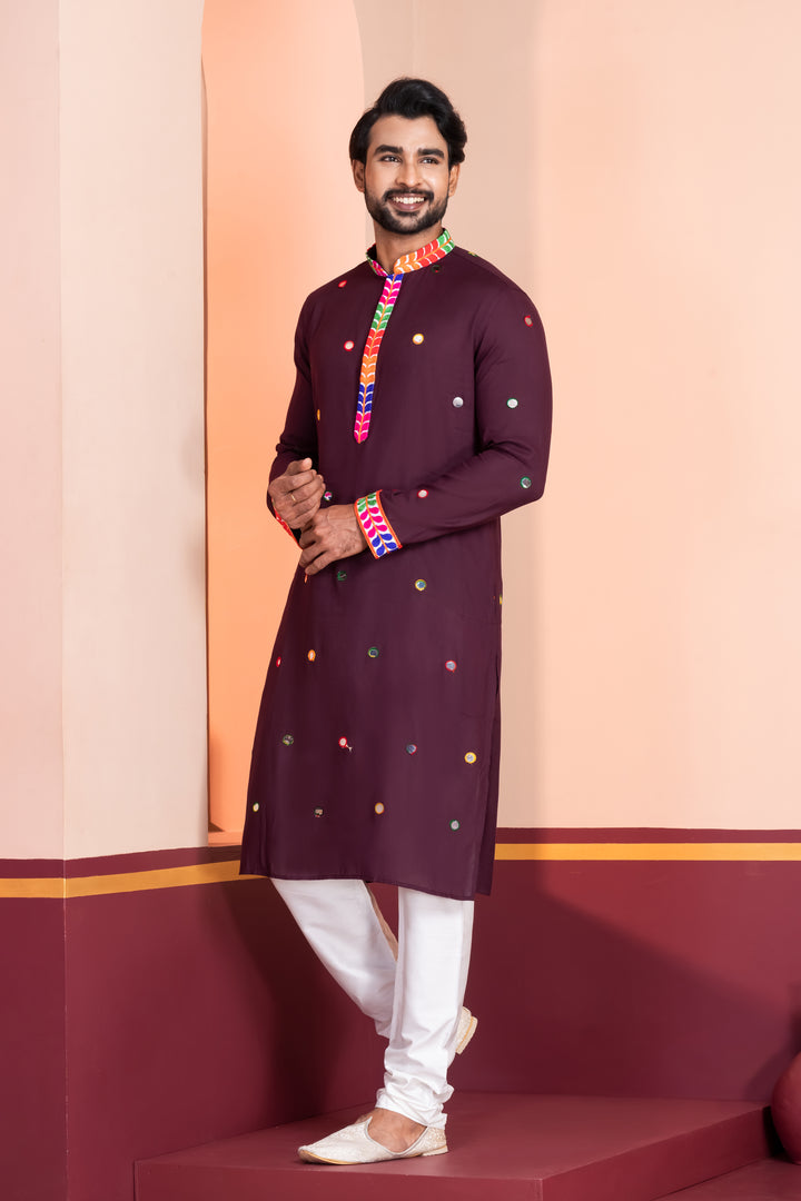 Eggplant Purple Rayon Kurta Pajama with Circular Mirror Embellishments