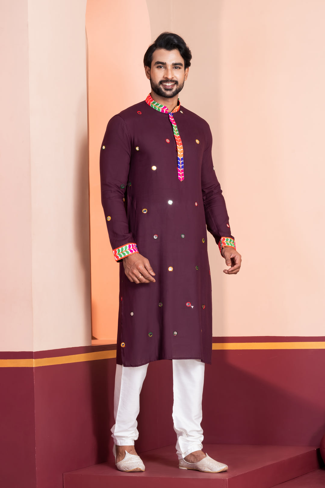 Eggplant Purple Rayon Kurta Pajama with Circular Mirror Embellishments