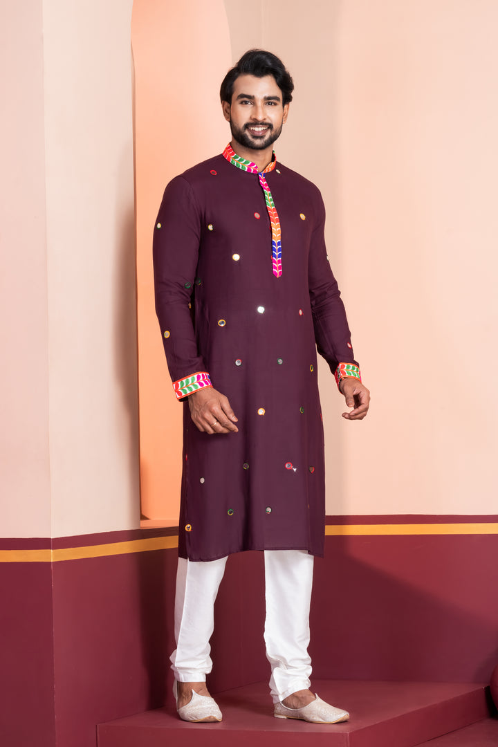 Eggplant Purple Rayon Kurta Pajama with Circular Mirror Embellishments