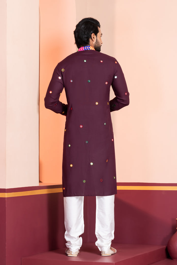 Eggplant Purple Rayon Kurta Pajama with Circular Mirror Embellishments