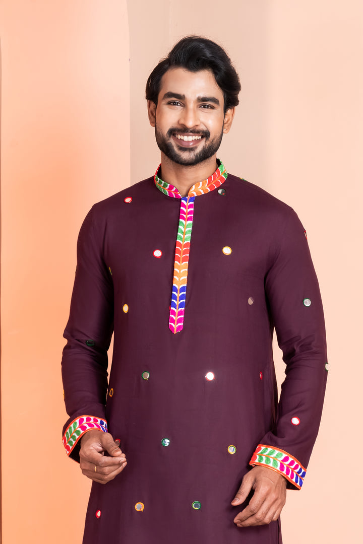 Eggplant Purple Rayon Kurta Pajama with Circular Mirror Embellishments