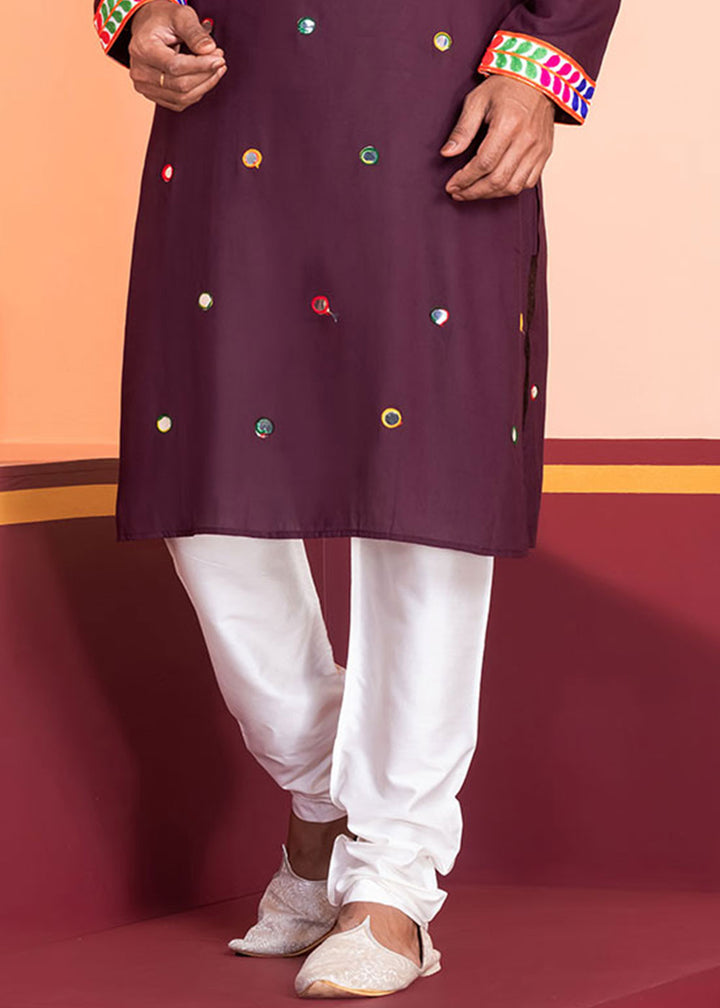 Eggplant Purple Rayon Kurta Pajama with Circular Mirror Embellishments