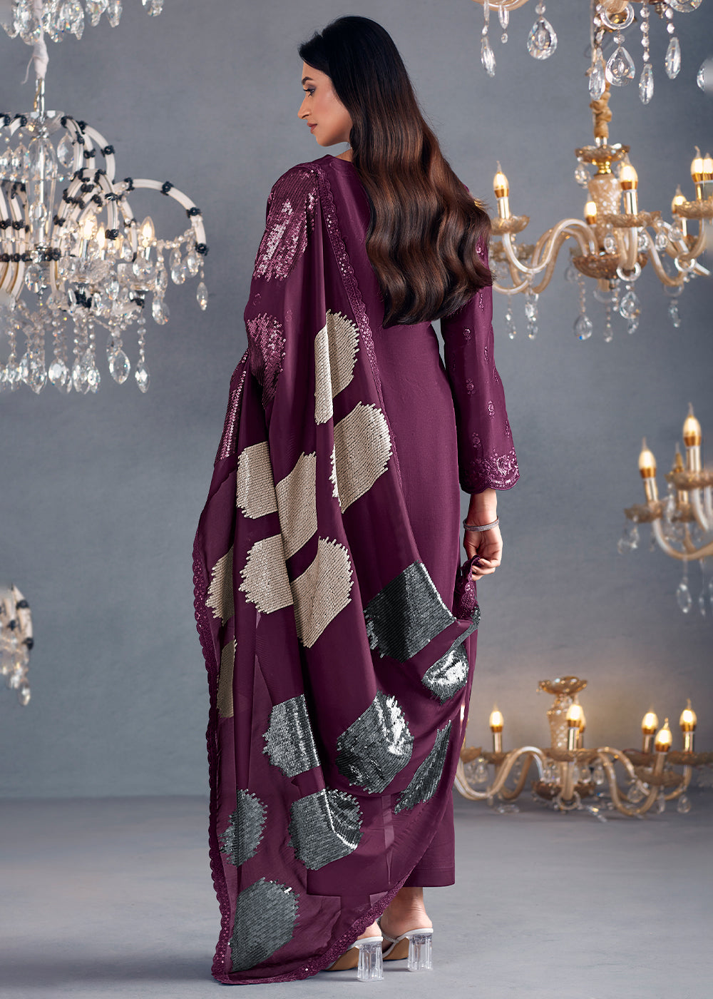 Tyrian Purple Silk Suit Featuring Embroidered Buttis, Neckline, and Scalloped Sleeves