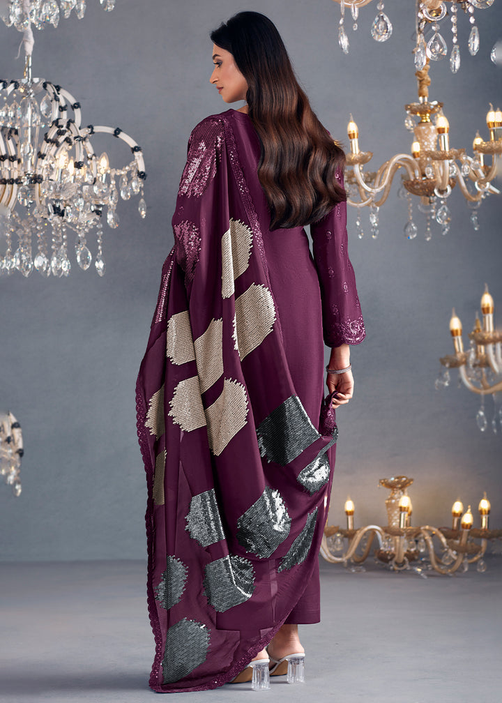 Tyrian Purple Silk Suit Featuring Embroidered Buttis, Neckline, and Scalloped Sleeves