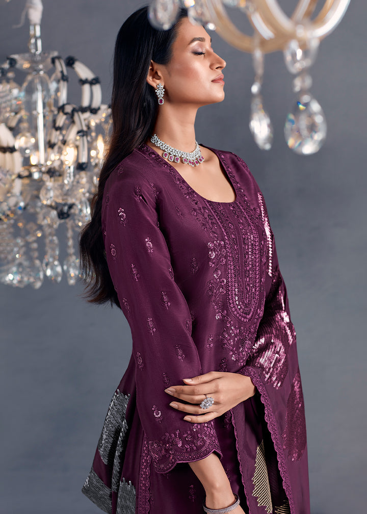 Tyrian Purple Silk Suit Featuring Embroidered Buttis, Neckline, and Scalloped Sleeves
