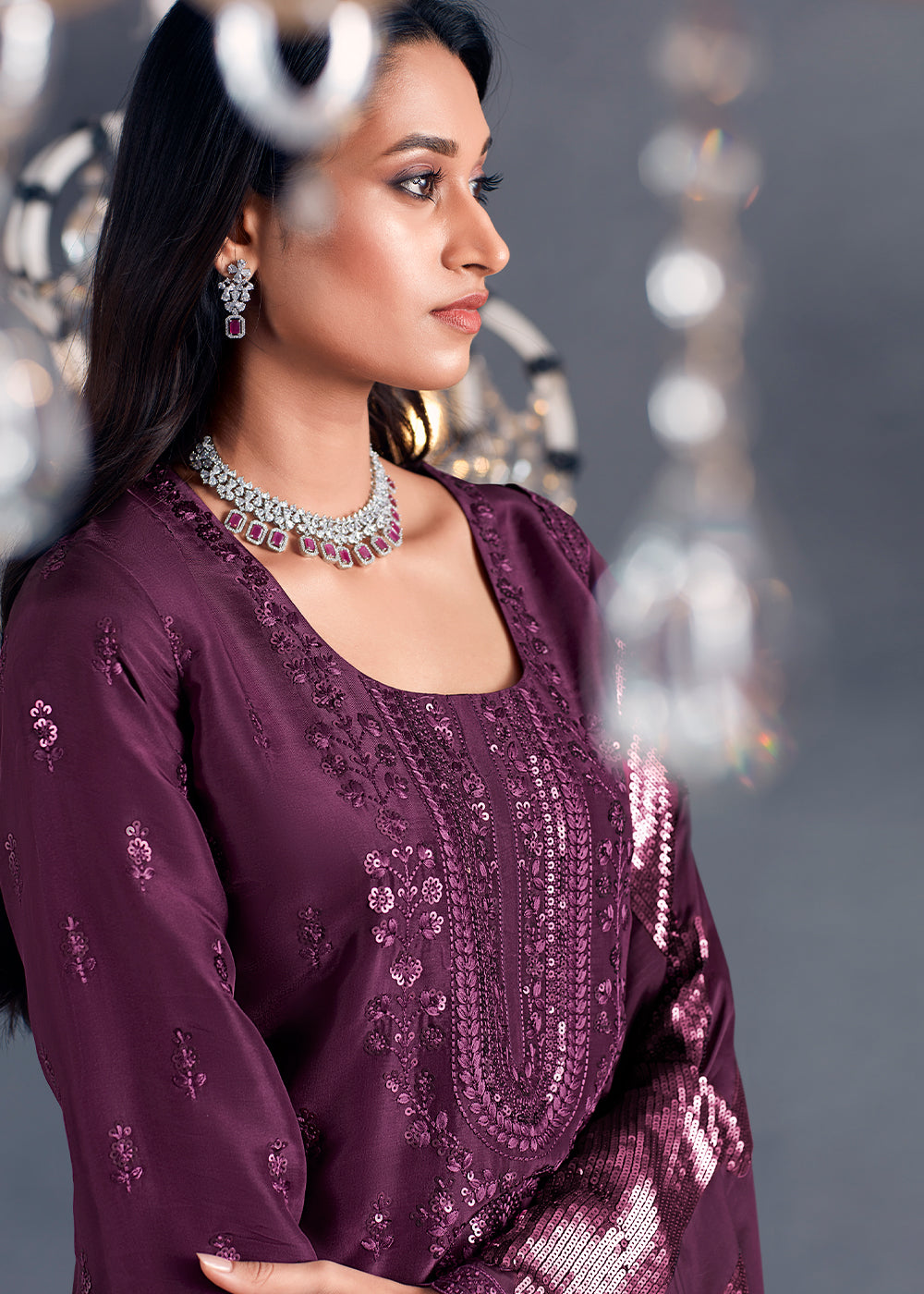 Tyrian Purple Silk Suit Featuring Embroidered Buttis, Neckline, and Scalloped Sleeves