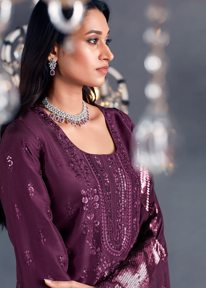 Tyrian Purple Silk Suit Featuring Embroidered Buttis, Neckline, and Scalloped Sleeves