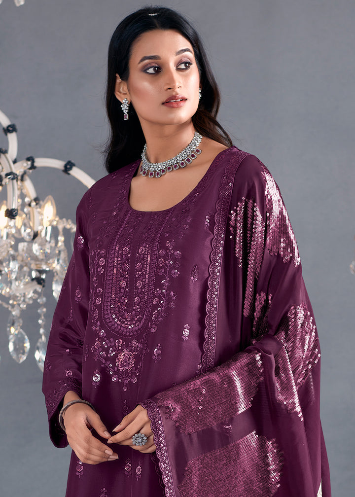 Tyrian Purple Silk Suit Featuring Embroidered Buttis, Neckline, and Scalloped Sleeves