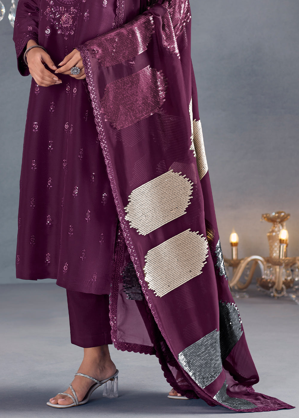 Tyrian Purple Silk Suit Featuring Embroidered Buttis, Neckline, and Scalloped Sleeves