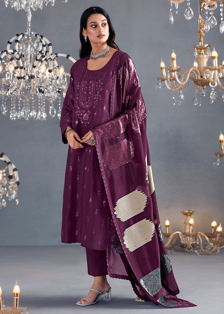 Tyrian Purple Silk Suit Featuring Embroidered Buttis, Neckline, and Scalloped Sleeves