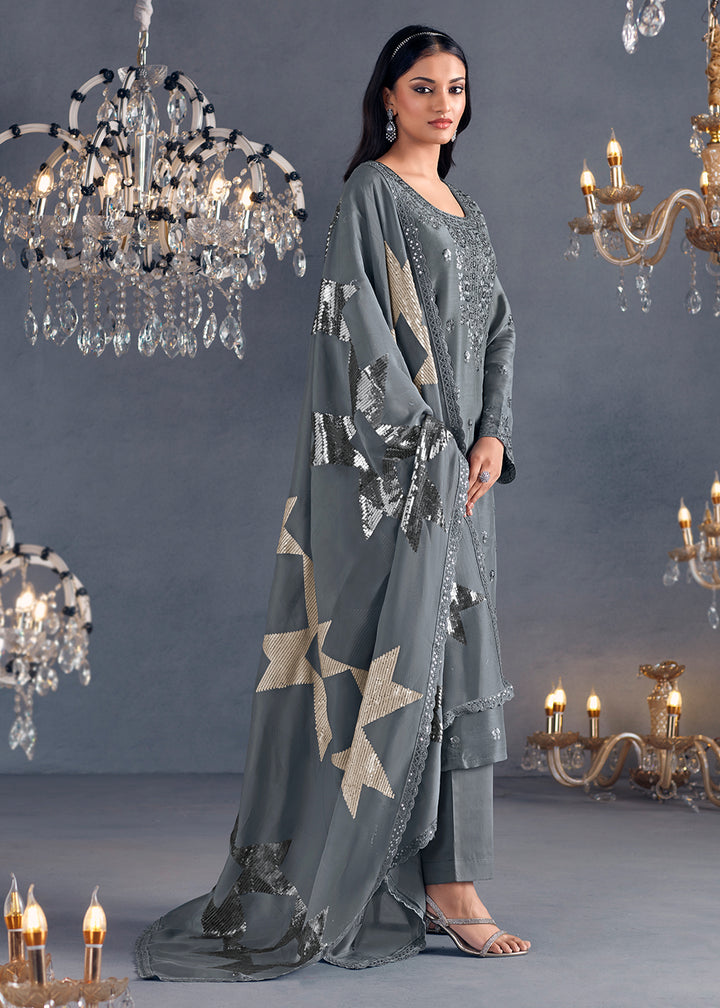 Shark Grey Silk Suit Featuring Embroidered Buttis, Neckline, and Scalloped Sleeves