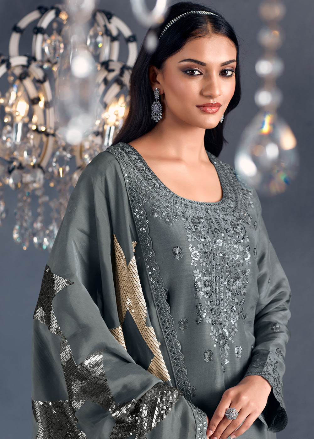 Shark Grey Silk Suit Featuring Embroidered Buttis, Neckline, and Scalloped Sleeves