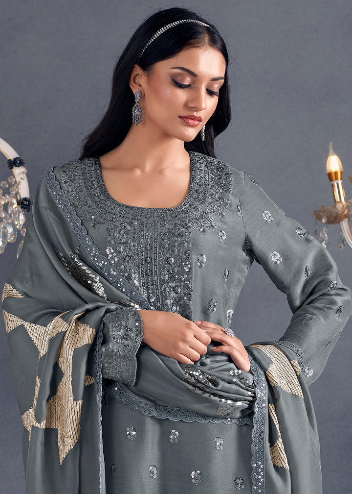 Shark Grey Silk Suit Featuring Embroidered Buttis, Neckline, and Scalloped Sleeves