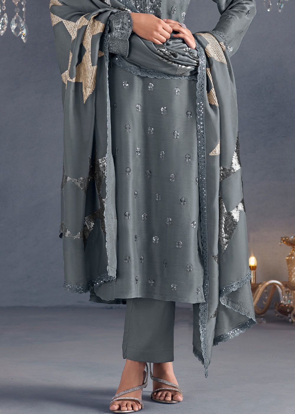 Shark Grey Silk Suit Featuring Embroidered Buttis, Neckline, and Scalloped Sleeves