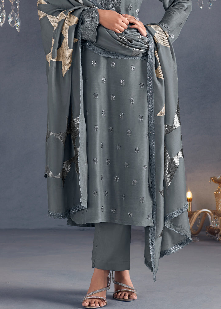 Shark Grey Silk Suit Featuring Embroidered Buttis, Neckline, and Scalloped Sleeves