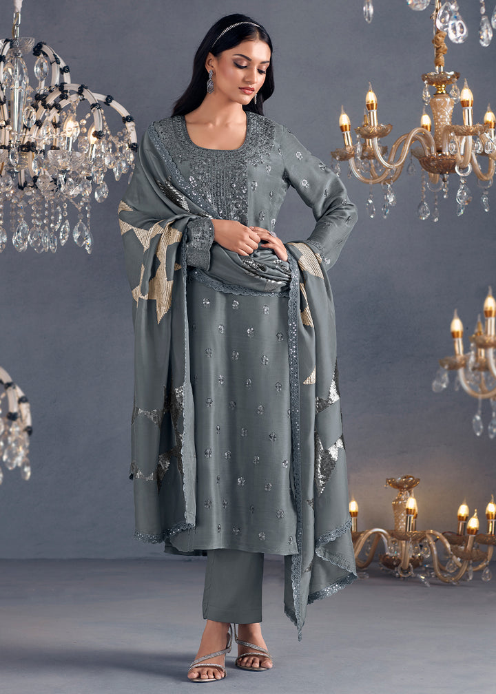 Shark Grey Silk Suit Featuring Embroidered Buttis, Neckline, and Scalloped Sleeves