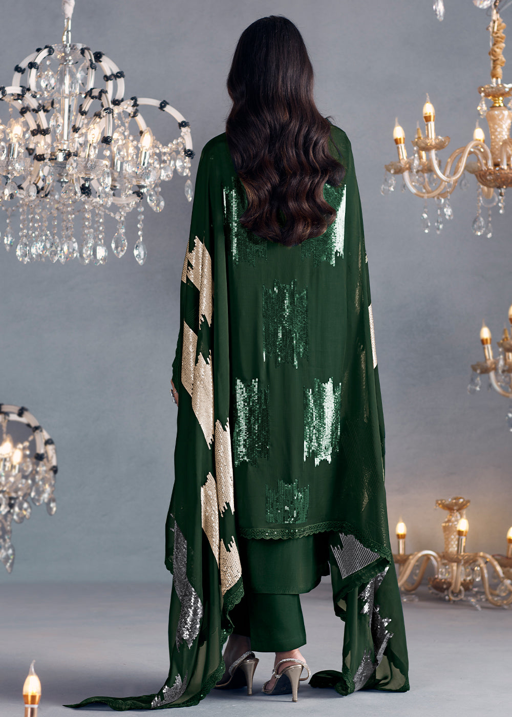 Sacramento Green Silk Suit Featuring Embroidered Buttis, Neckline, and Scalloped Sleeves