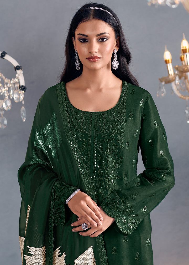 Sacramento Green Silk Suit Featuring Embroidered Buttis, Neckline, and Scalloped Sleeves