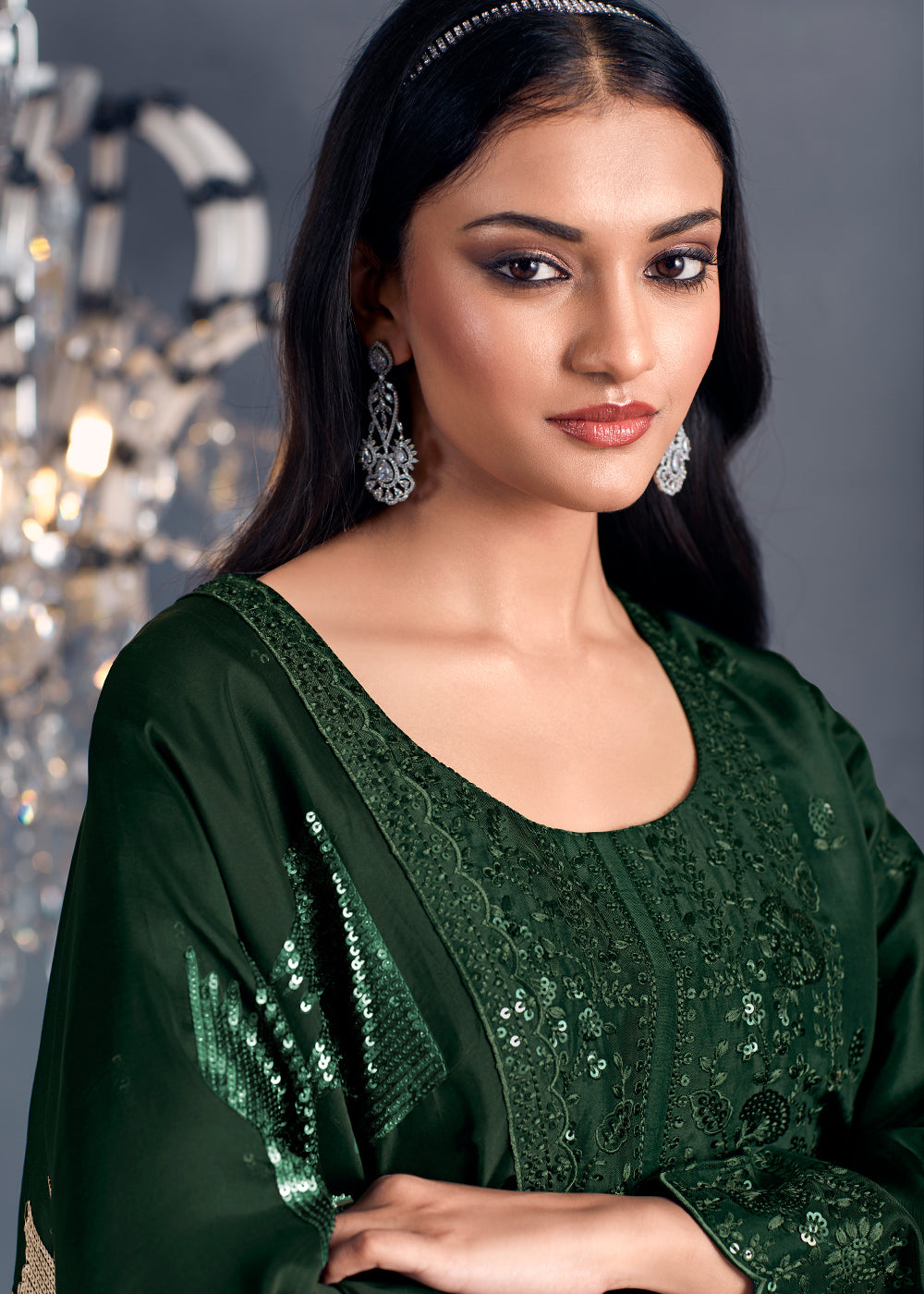 Sacramento Green Silk Suit Featuring Embroidered Buttis, Neckline, and Scalloped Sleeves