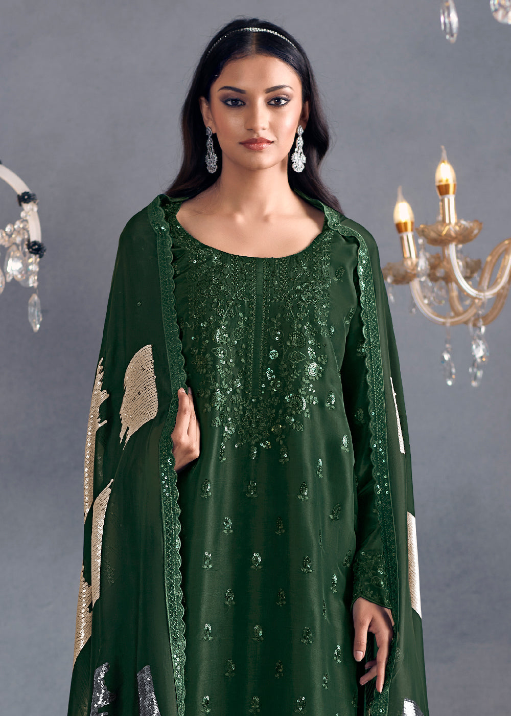 Sacramento Green Silk Suit Featuring Embroidered Buttis, Neckline, and Scalloped Sleeves