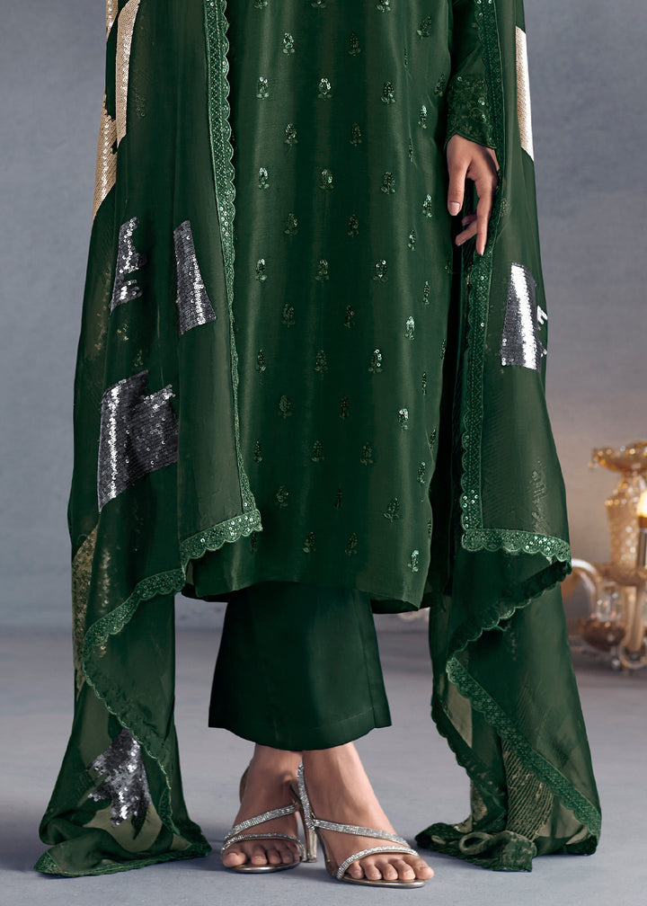 Sacramento Green Silk Suit Featuring Embroidered Buttis, Neckline, and Scalloped Sleeves