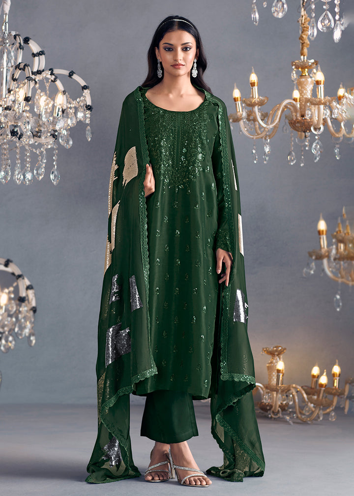 Sacramento Green Silk Suit Featuring Embroidered Buttis, Neckline, and Scalloped Sleeves