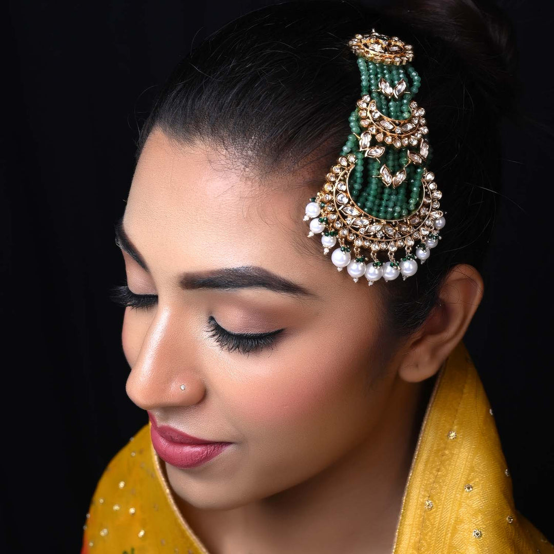 Sheetal Green & White Pearl Gold Plated Kundan Passa