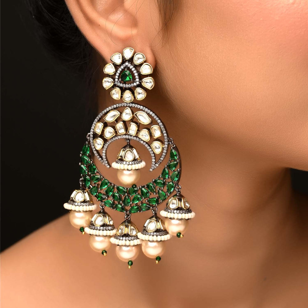 Mishika Green Rhodium Plated Victorian Earrings