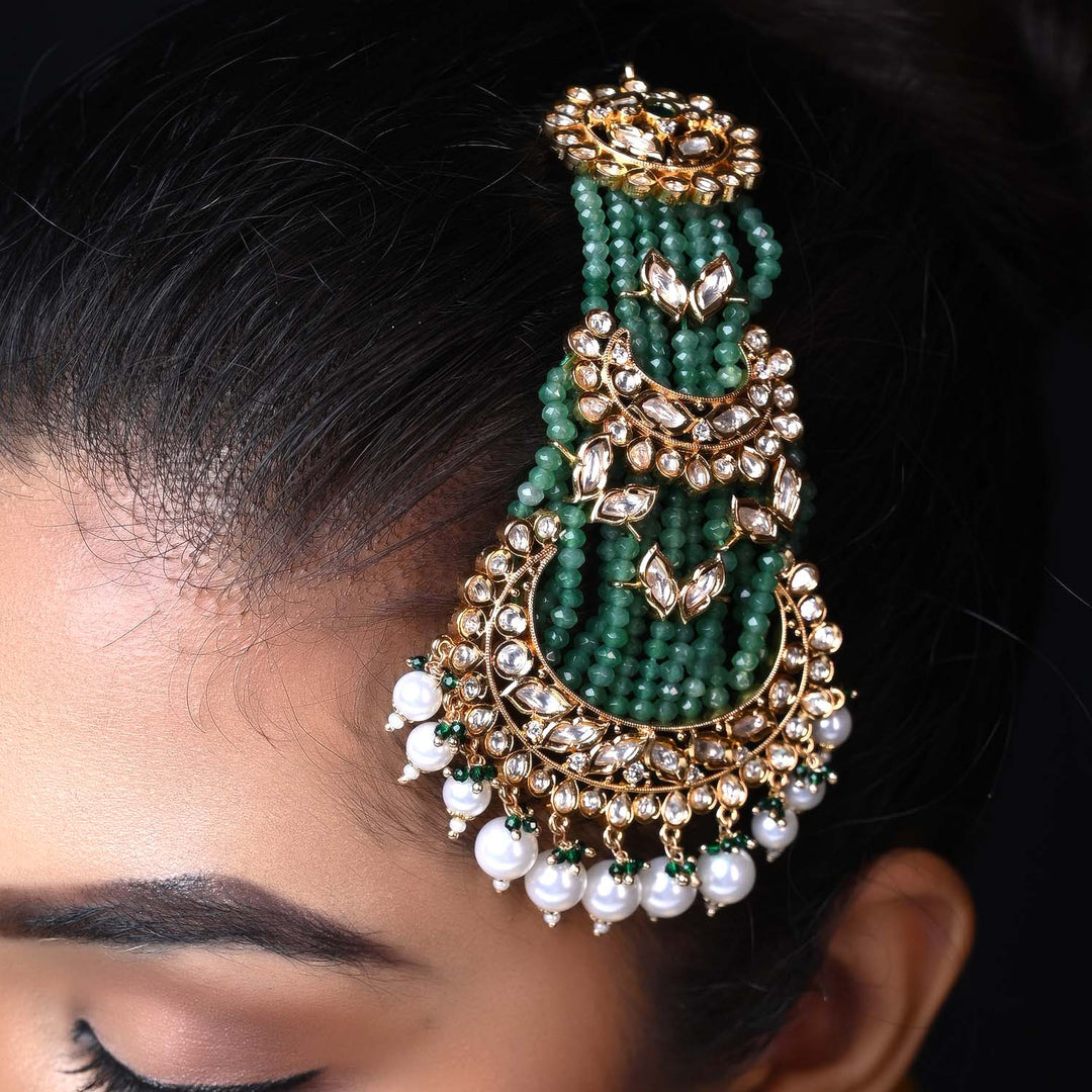 Sheetal Green & White Pearl Gold Plated Kundan Passa