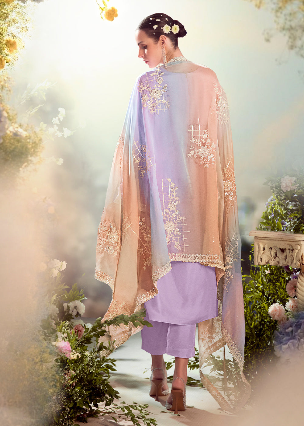 Mauve Purple Silk Suit with Embroidery on Neckline, Buttis, and Scalloped Borders