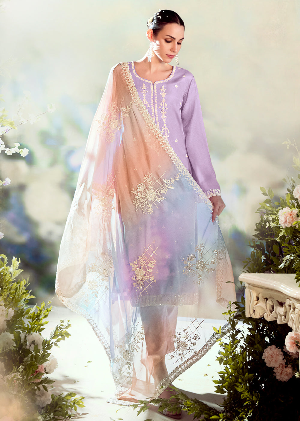 Mauve Purple Silk Suit with Embroidery on Neckline, Buttis, and Scalloped Borders