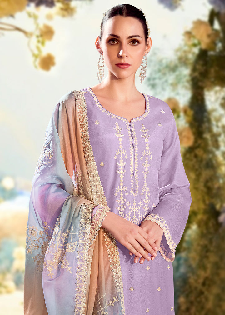 Mauve Purple Silk Suit with Embroidery on Neckline, Buttis, and Scalloped Borders