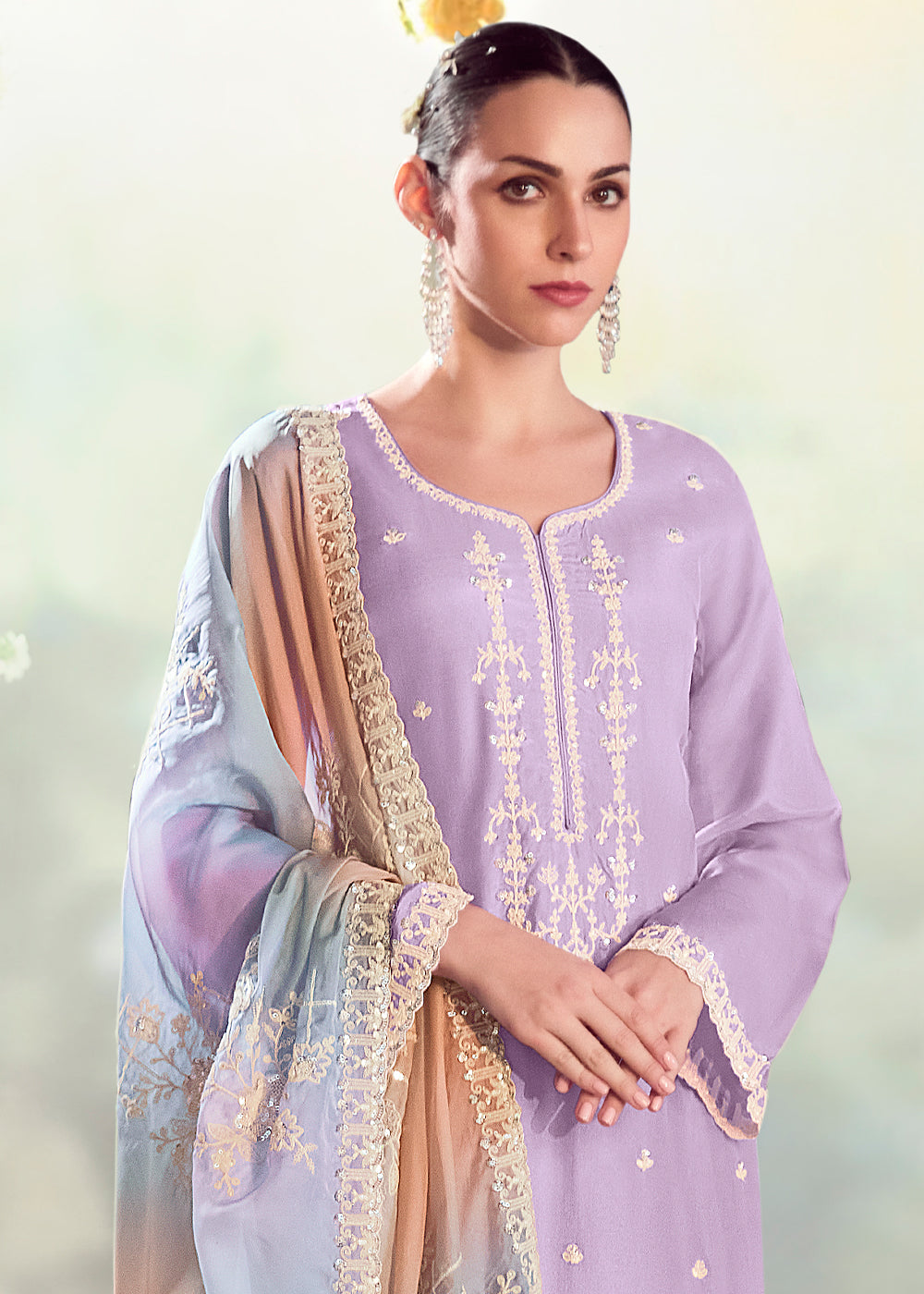 Mauve Purple Silk Suit with Embroidery on Neckline, Buttis, and Scalloped Borders