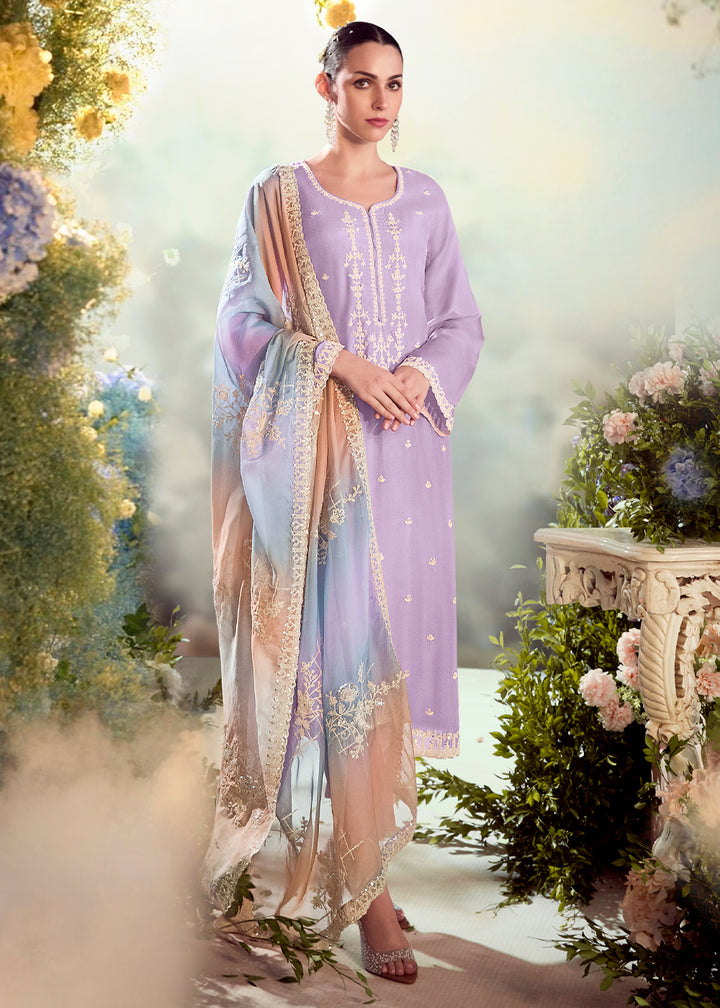 Mauve Purple Silk Suit with Embroidery on Neckline, Buttis, and Scalloped Borders