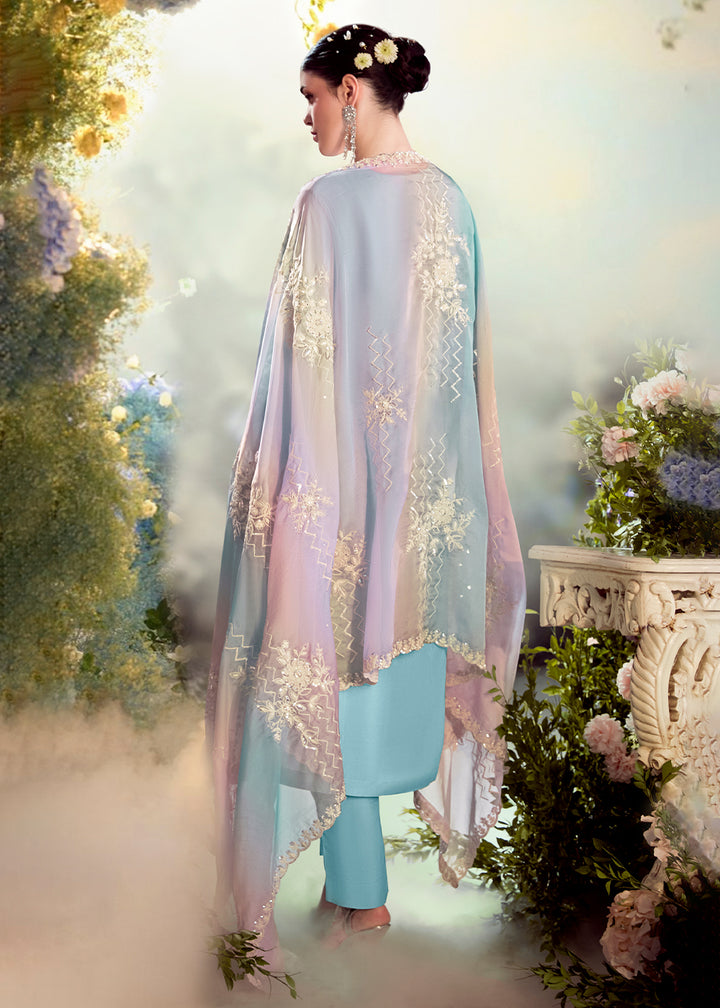 Sky Blue Silk Suit with Embroidery on Neckline, Buttis, and Scalloped Borders