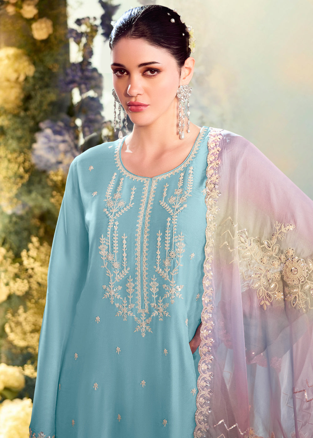 Sky Blue Silk Suit with Embroidery on Neckline, Buttis, and Scalloped Borders