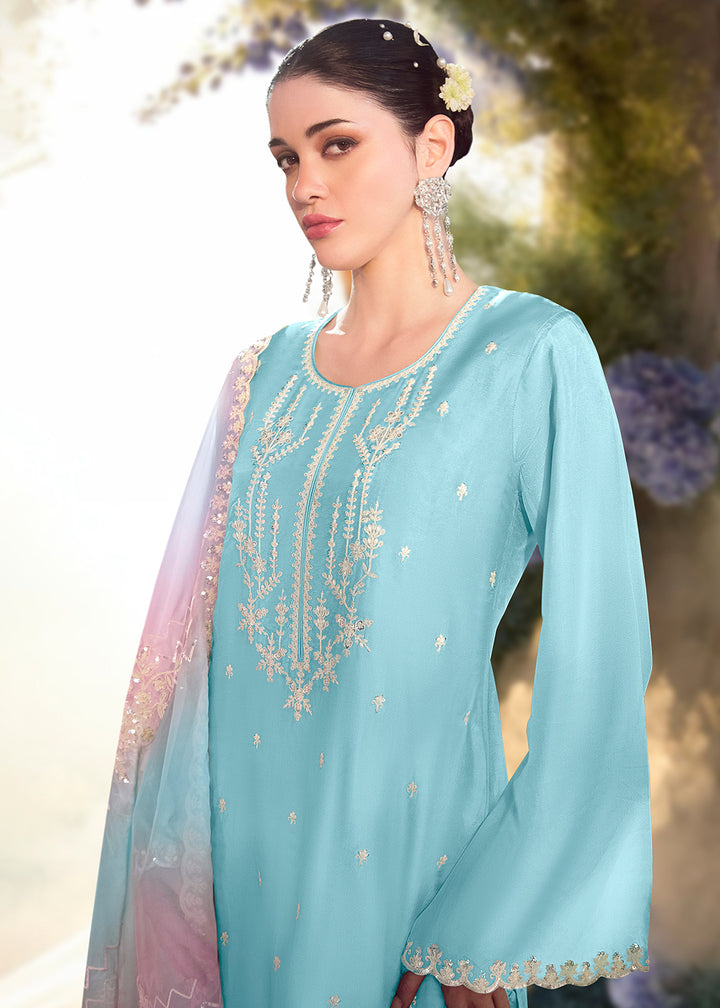 Sky Blue Silk Suit with Embroidery on Neckline, Buttis, and Scalloped Borders