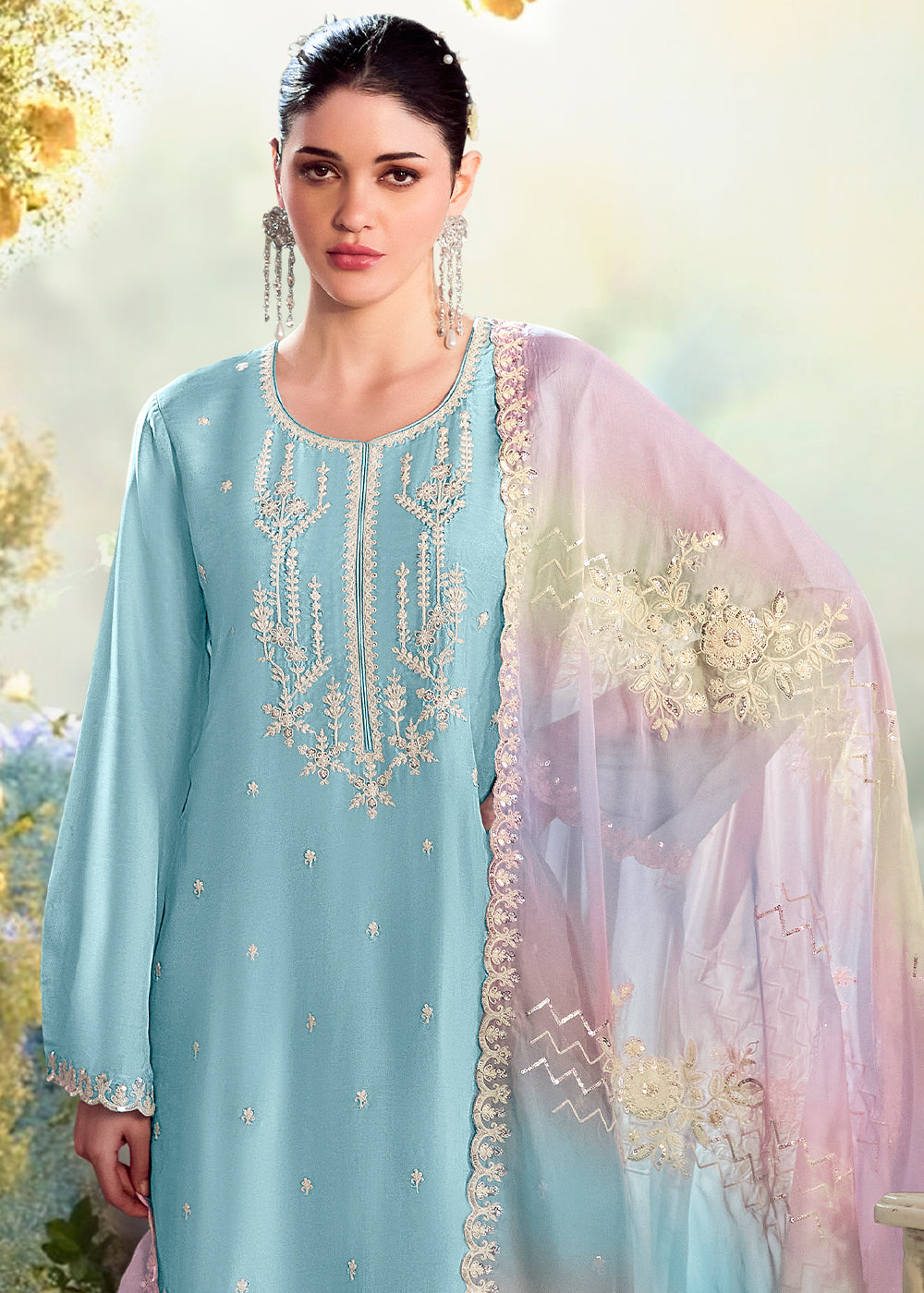 Sky Blue Silk Suit with Embroidery on Neckline, Buttis, and Scalloped Borders