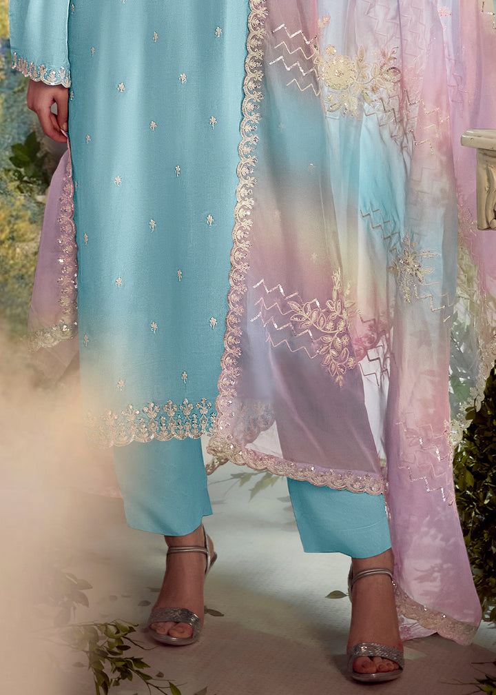 Sky Blue Silk Suit with Embroidery on Neckline, Buttis, and Scalloped Borders