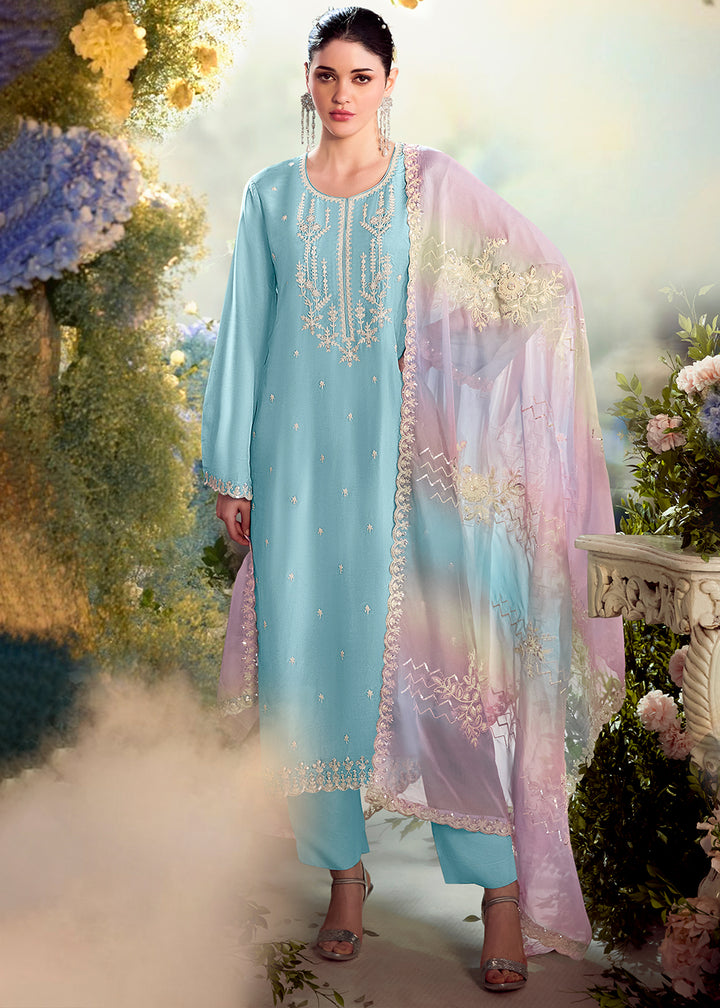 Sky Blue Silk Suit with Embroidery on Neckline, Buttis, and Scalloped Borders