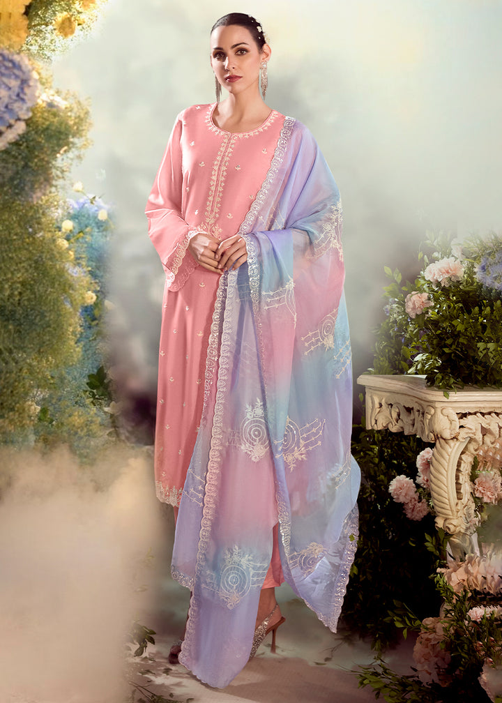 Tickle Me Pink Silk Suit with Embroidery on Neckline, Buttis, and Scalloped Borders