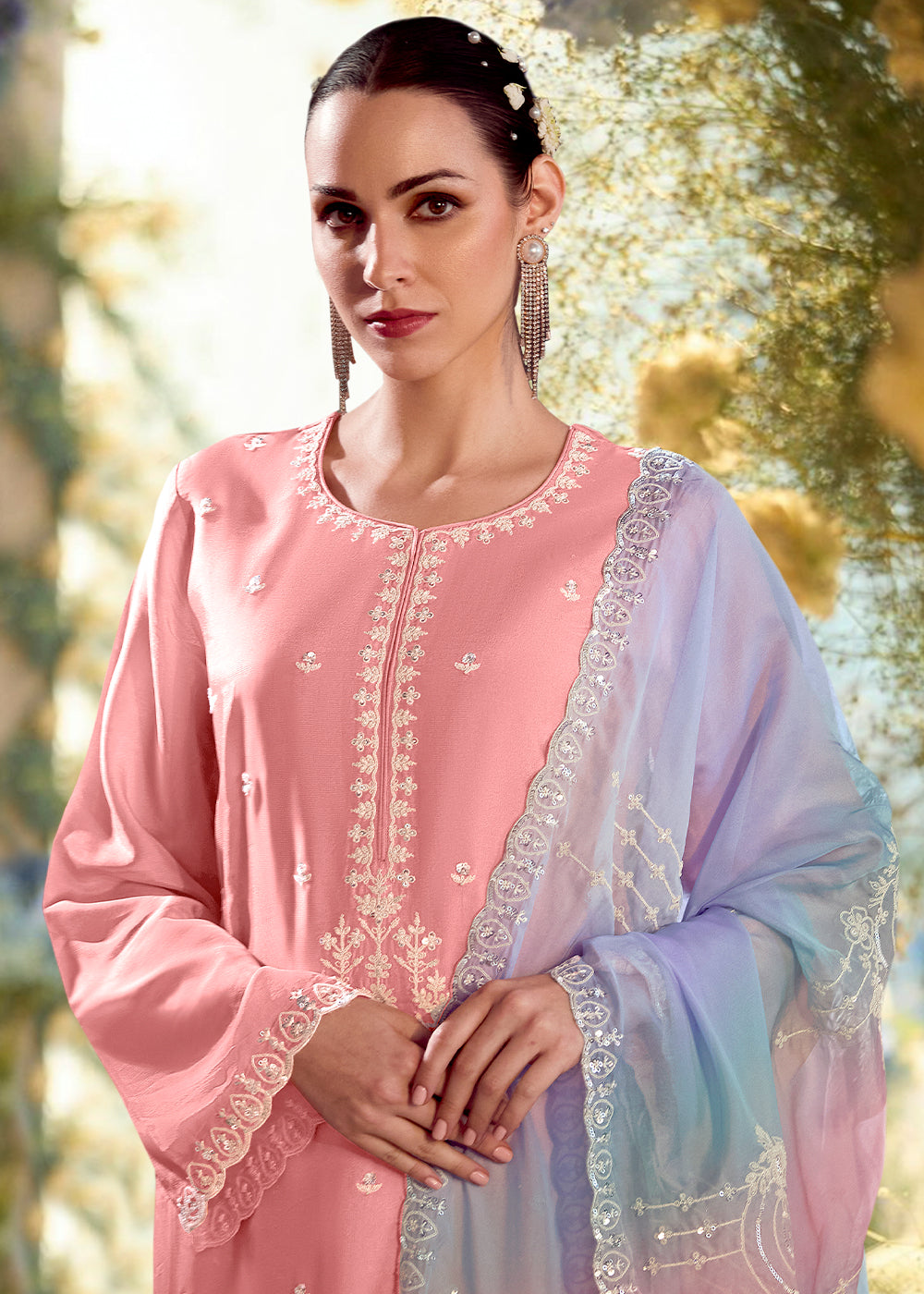 Tickle Me Pink Silk Suit with Embroidery on Neckline, Buttis, and Scalloped Borders